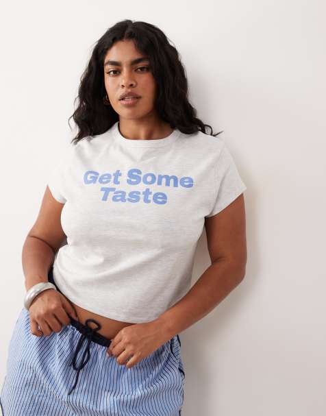 ASOS DESIGN Curve - Camiseta gris hielo jaspeado con diseño encogido y texto en contraste "Get some taste" - view 1