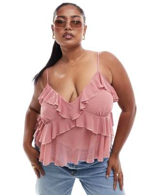 ASOS DESIGN Curve - Camisole aus Netzstoff in gedecktem Rosa mit Rüschen