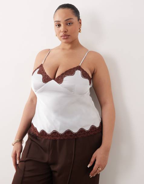 ASOS DESIGN Curve – Camisole aus Satin in Blau und Braun mit Spitzenbesatz - view 1