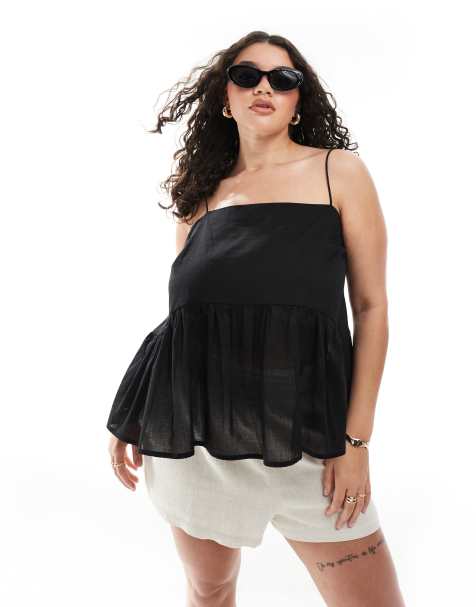ASOS DESIGN Curve – Camisole in Schwarz mit gebundenen Trägern und voluminösem Schößchen - view 1