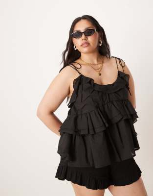 ASOS DESIGN Curve - Camisole-Oberteil in Schwarz mit Rüschen und gebundenen Trägern