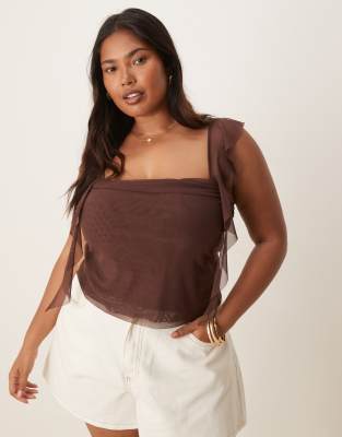 ASOS DESIGN Curve - Camisole-Top aus weich fallendem, gerafftem Netzstoff in Schokobraun