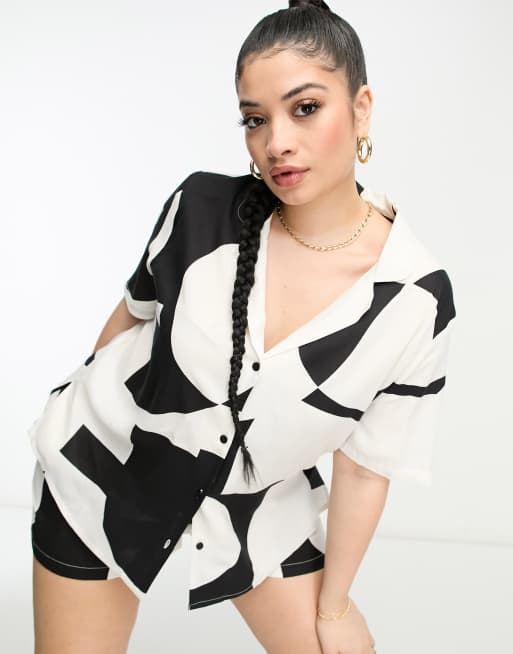 ASOS DESIGN Curve camp collar resort shirt in mono part of a set ASOS