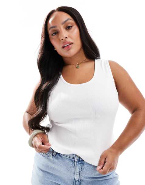 ASOS DESIGN Curve - Canotta bianca a coste con scollo rotondo - view 1