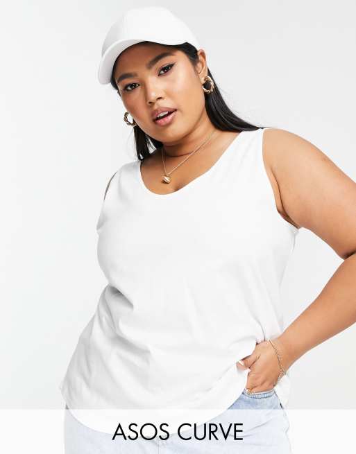 ASOS DESIGN Curve - Canotta bianca in misto cotone con scollo rotondo - WHITE