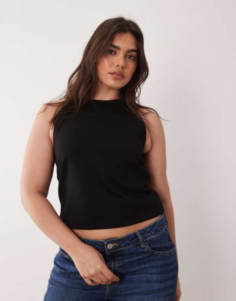 ASOS DESIGN Curve - Canotta taglio lungo nera con scollo a vogatore - view 1