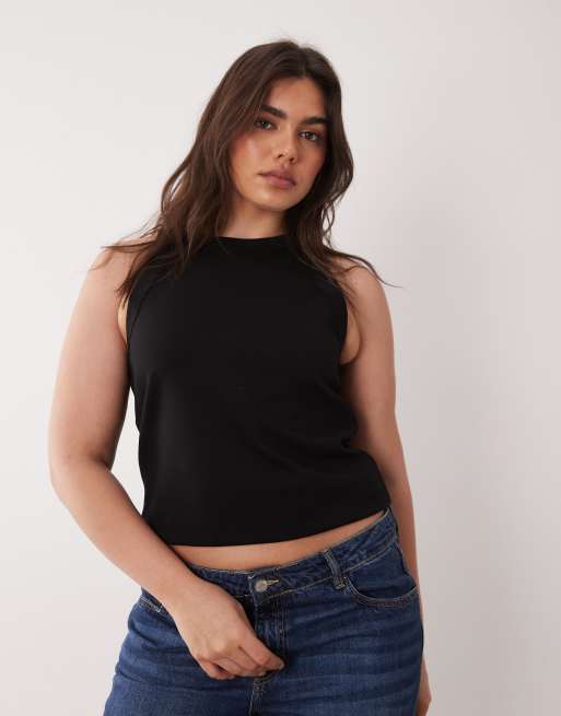 ASOS DESIGN Curve - Canotta taglio lungo nera con scollo a vogatore