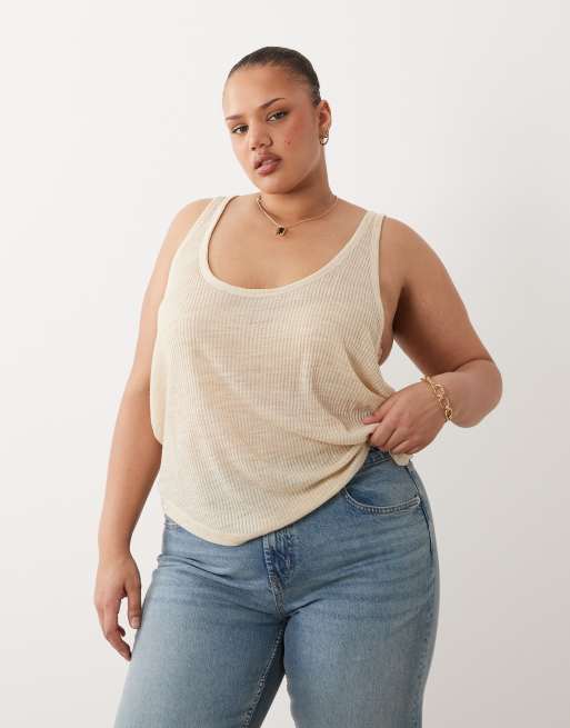 ASOS DESIGN Curve - Canotta testurizzata color pietra con scollo a vogatore