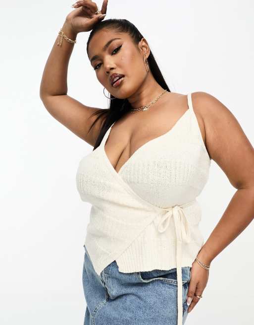 ASOS DESIGN Curve - Canottiera a portafoglio in maglia color crema con impunture miste