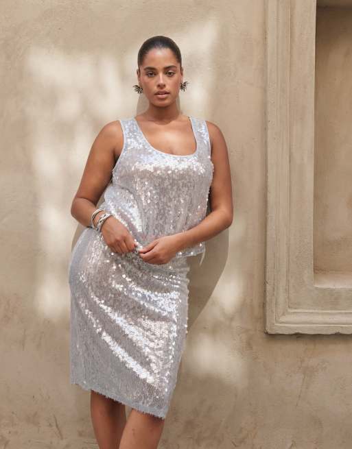 ASOS DESIGN Curve - Canottiera corta blu con paillettes di vetro e scollo rotondo in coordinato, 1 di 7