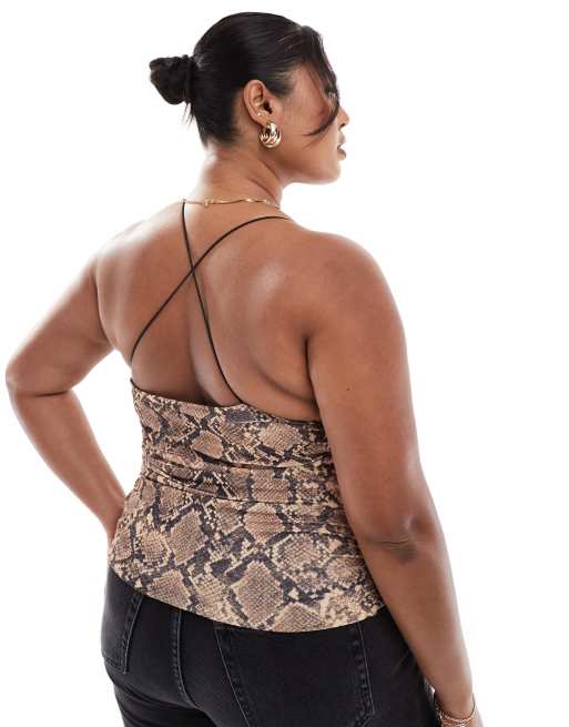 ASOS DESIGN Curve - Canottiera sinuosa arricciata animalier con scollo squadrato, 3 di 4