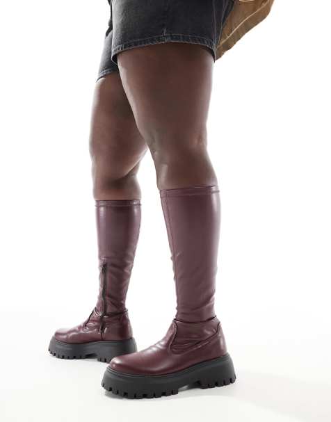 ASOS DESIGN Curve – Canyon – Vinröda, knähöga sockboots med grov sula - view 1