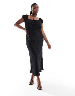 Asos Curve Asos Design Curve Cap Sleeve Elasticized Bodice Midi Dress In Black Satin Jacquard