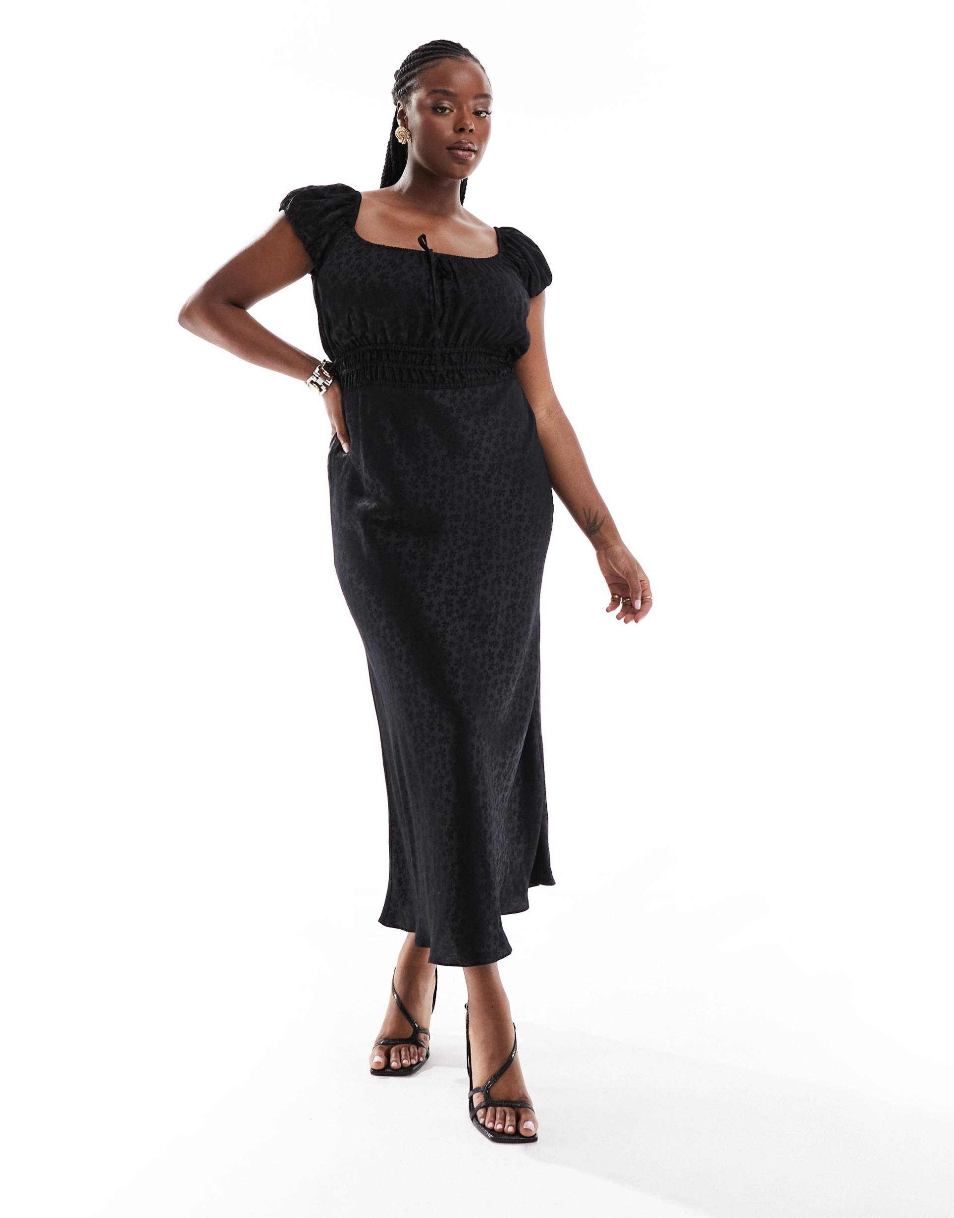 asos design curve cap sleeve elasticized bodice midi dress in black satin jacquard