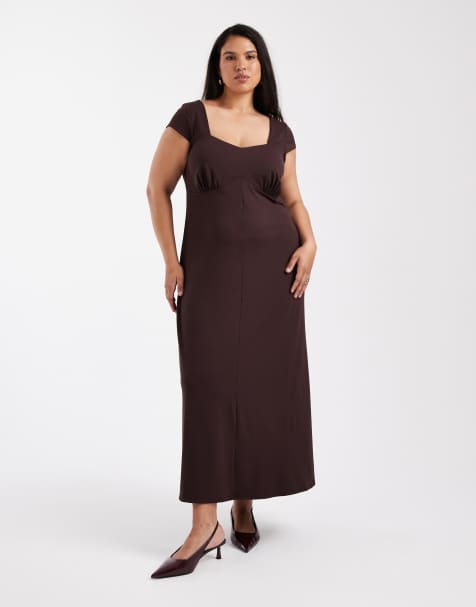 ASOS DESIGN Curve cap sleeve midi tea dress in chocolate