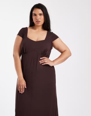 Asos Curve Asos Design Curve Cap Sleeve Midi Tea Dress In Brown