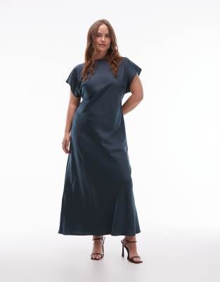 ASOS Curve ASOS DESIGN Curve cap sleeve seam detail satin slip maxi dress in green