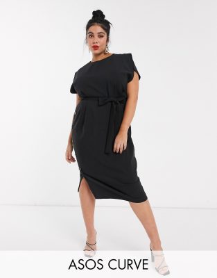 ASOS DESIGN Curve cap sleeve split sleeve midi dress with button skirt in black