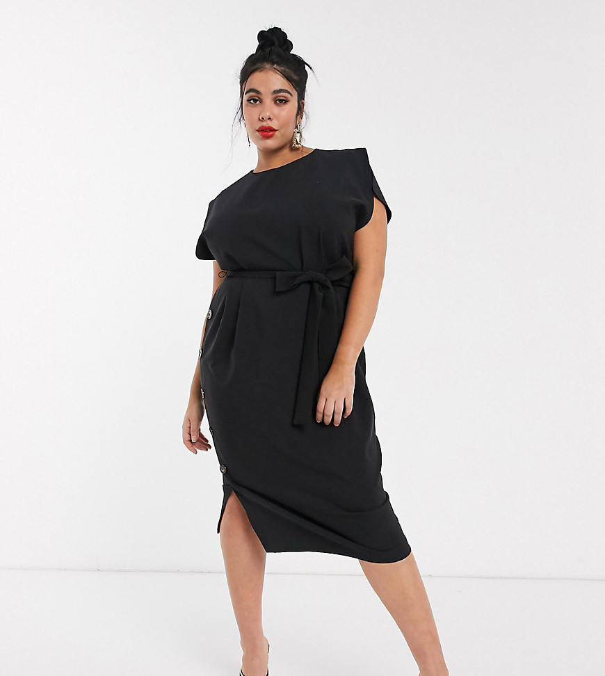 ASOS DESIGN Curve cap sleeve split sleeve midi dress with button skirt in black