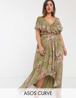 asos design dipped hem maxi dress with 3d embellishment and ruffle sleeve