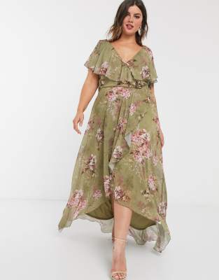 asos design maxi dress with cape back and dipped hem in light floral print