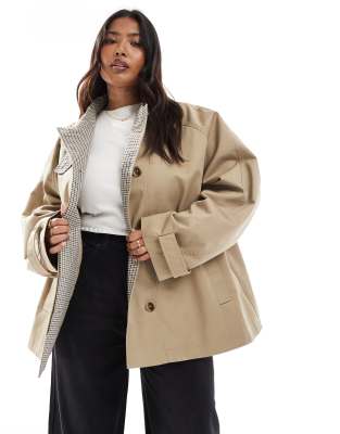 ASOS Curve ASOS DESIGN Curve cape detail trench with check liner in rye-Neutral