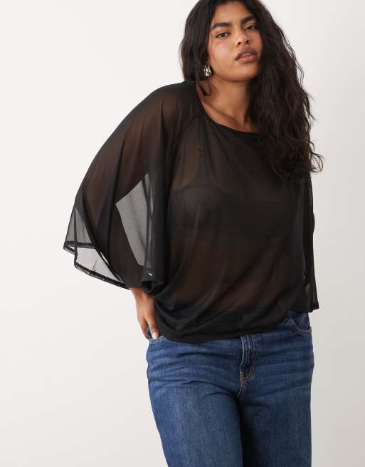 ASOS DESIGN Curve – Cape-Oberteil aus transparentem Netzstoff in Schwarz, 2 von 4