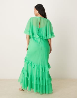 ASOS CURVE ASOS DESIGN CURVE CAPE OVERLAY RUFFLE BIAS CUT MAXI DRESS 