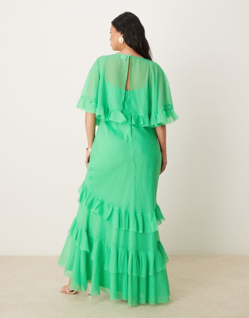 ASOS DESIGN Curve cape overlay ruffle bias maxi dress in bright gren, 2 of 4