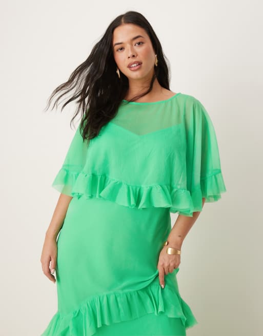 ASOS DESIGN Curve cape overlay ruffle bias maxi dress in bright gren, 4 of 4