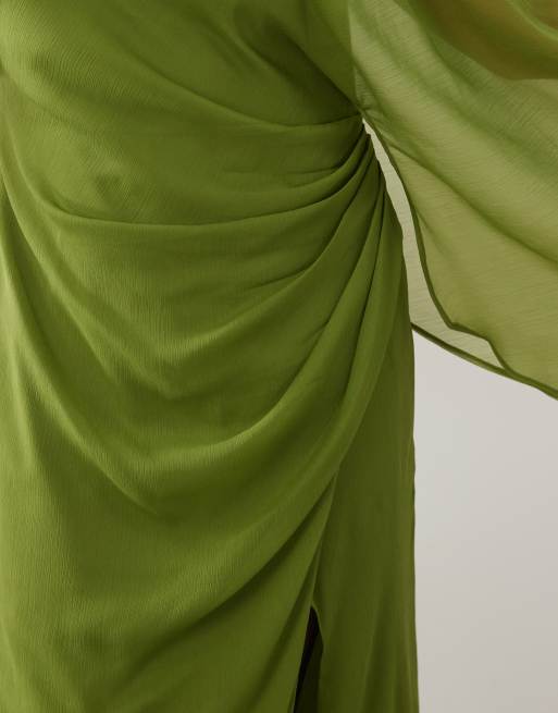 ASOS DESIGN Curve cape sleeve bias cut drape maxi dress with low back in olive, 3 of 4