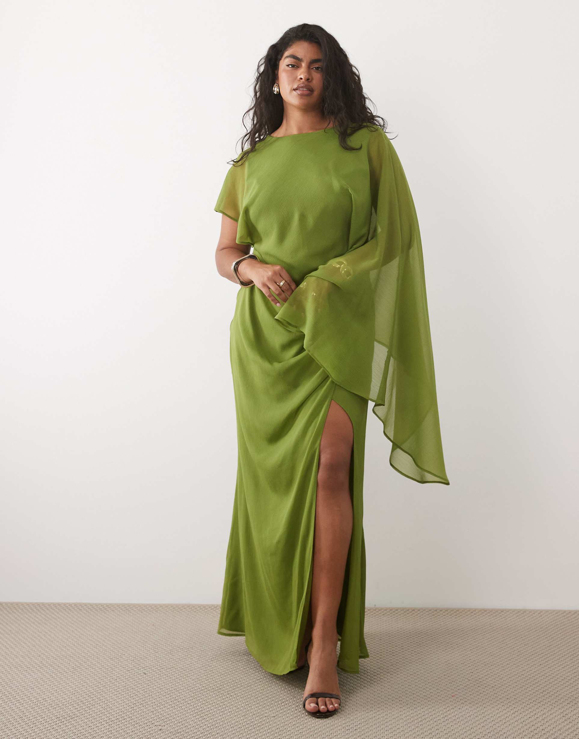 asos design curve cape sleeve bias cut draped maxi dress with low back in olive