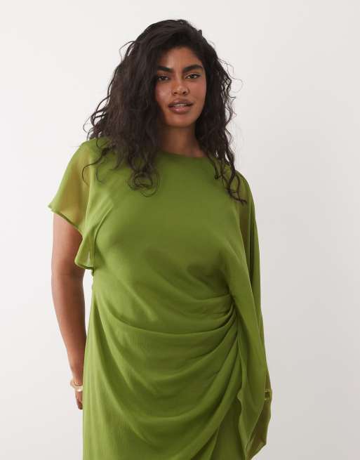 ASOS DESIGN Curve cape sleeve bias cut draped maxi dress with low back in olive, 2 of 4