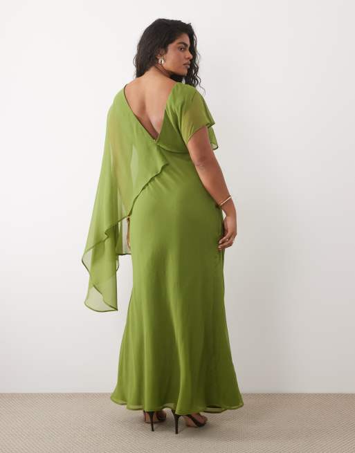 ASOS DESIGN Curve cape sleeve bias cut draped maxi dress with low back in olive, 4 of 4