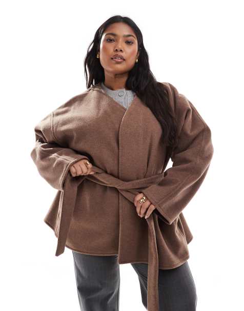 ASOS DESIGN Curve - Cappotto elegante color fungo con cintura senza colletto - view 1