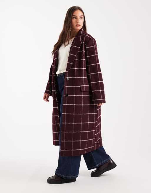 ASOS DESIGN Curve - Cappotto elegante taglio lungo bordeaux a quadri