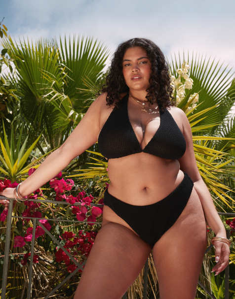 ASOS DESIGN Curve Cara crochet high leg bikini bottom in black - view 1