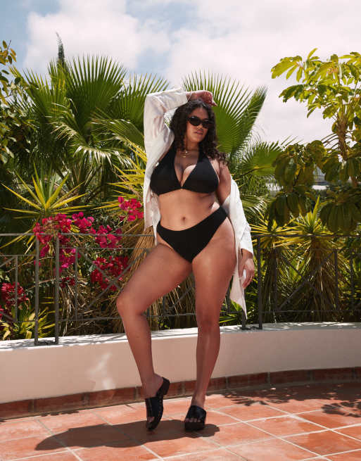 ASOS DESIGN Curve Cara crochet high leg bikini bottoms in black, 4 of 4