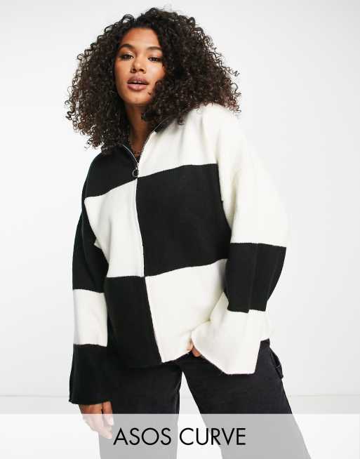 ASOS DESIGN Curve - Cardigan color block bianco e nero con zip