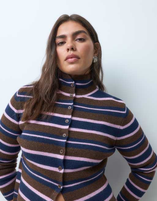 ASOS DESIGN Curve cardigan côtelé à col cheminée, chocolat, rose et marine, 3 de 5