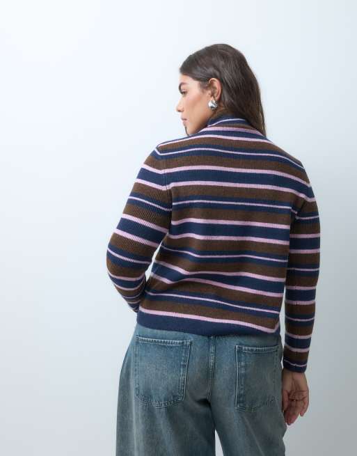 ASOS DESIGN Curve cardigan côtelé à col cheminée, chocolat, rose et marine, 4 de 5