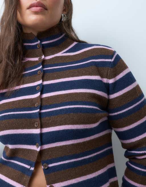 ASOS DESIGN Curve cardigan côtelé à col cheminée, chocolat, rose et marine, 5 de 5