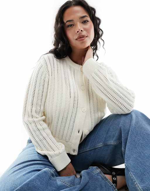 ASOS DESIGN Curve - Cardigan girocollo corto traforato color crema