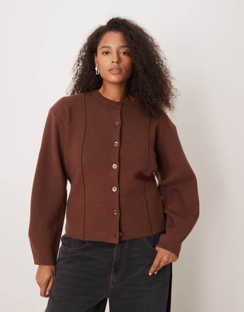 ASOS DESIGN Curve - Cardigan girocollo strutturato stretto in vita color cioccolato con spalle imbottite - view 1