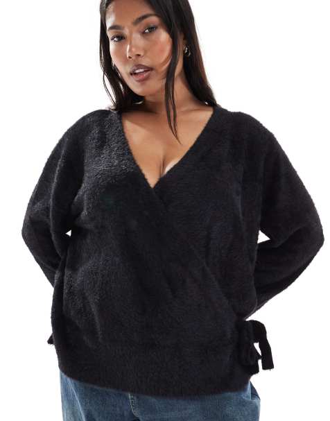 ASOS DESIGN Curve - Cardigan in maglia cigliata nero a portafoglio - view 1