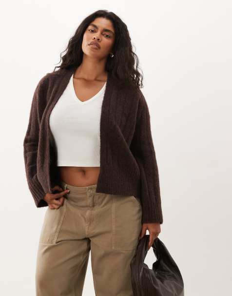 ASOS DESIGN Curve - Cárdigan marrón chocolate sin cierres de canalé ancho - view 1
