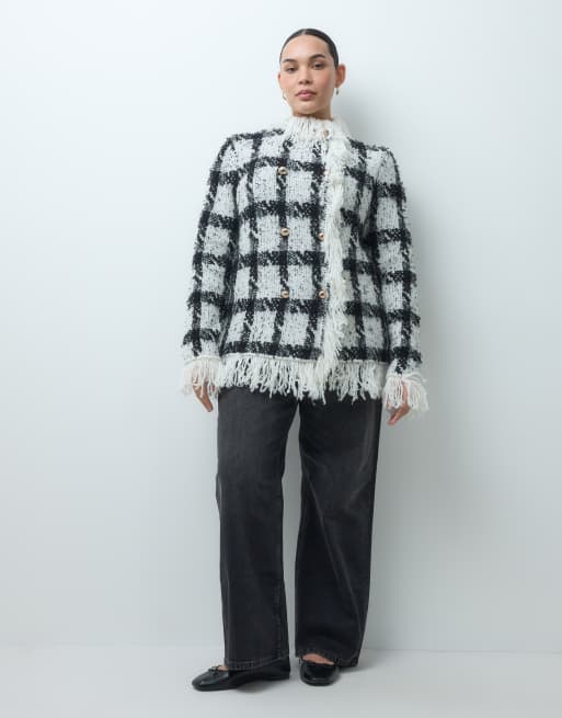 ASOS DESIGN Curve cardigan med tekstur, frynser og tern i sort-hvid, 3 af 4