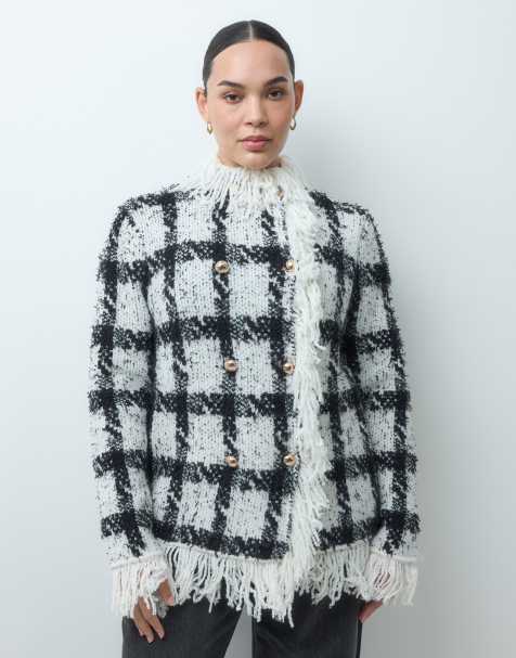 ASOS DESIGN Curve cardigan met textuur, franjes en ruitprint in zwart-wit - view 1