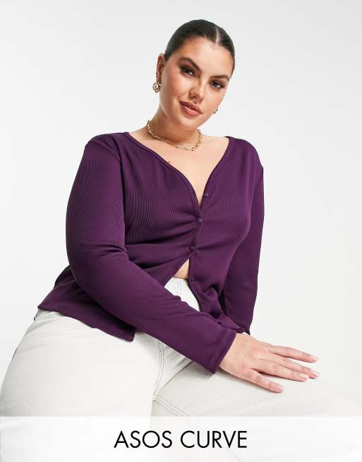 ASOS DESIGN Curve - Cardigan stretto viola reale a coste con bottoni sul davanti in stile anni '90
