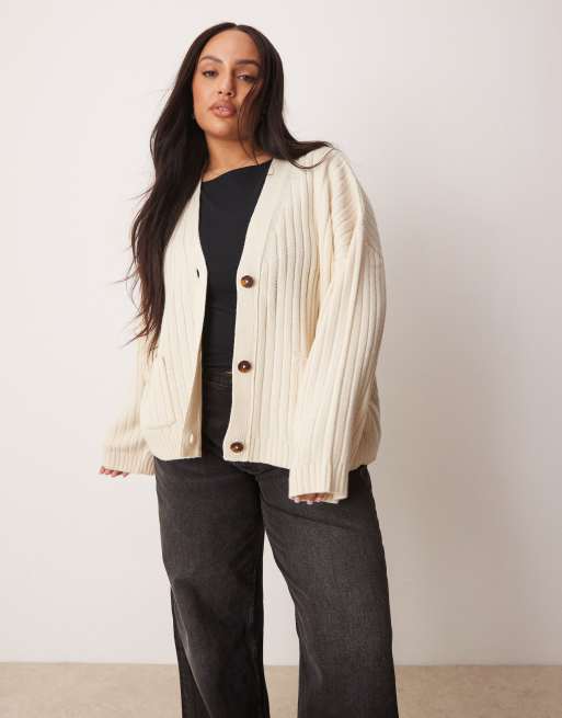 ASOS DESIGN Curve - Cardigan taglio lungo squadrato crema a costine